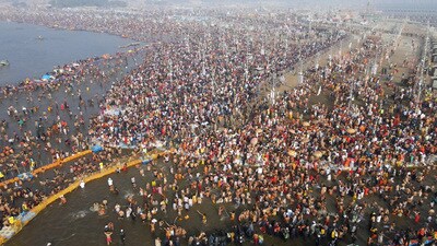 An aerial view of Triveni Sangam during the Mahakumbh (Deepak Gupta/HT)