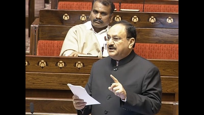 BJP president JP Nadda speaks in the Rajya Sabha during the budget session of the Parliament in New Delhi on Tuesday. (ANI)