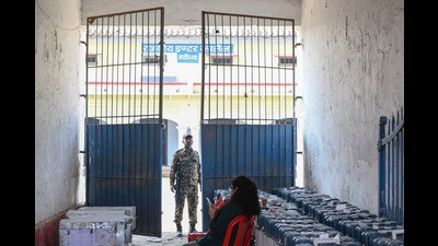 EVMs are kept at a distribution centre ahead of the Milkipur Assembly by-election, in Ayodhya, Tuesday. (PTI) EVMs are kept at a distribution centre ahead of the Milkipur Assembly by-election, in Ayodhya, Tuesday. (PTI)