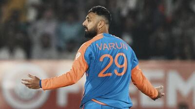 Indian spinner Varun Chakravarthy celebrates a wicket during the recently concluded T20I series against England. (PTI Photo)