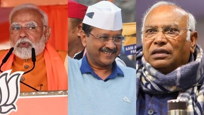Prime Minister Narendra Modi (left), AAP national convenor Arvind Kejriwal (centre), and Congress chief Mallikarjun Kharge. Prime Minister Narendra Modi (left), AAP national convenor Arvind Kejriwal (centre), and Congress chief Mallikarjun Kharge.