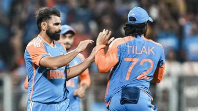 Mohammed Shami celebrates the wicket of England's Ben Duckett in the fifth T20I in Mumbai on Sunday. (PTI) Mohammed Shami celebrates the wicket of England's Ben Duckett in the fifth T20I in Mumbai on Sunday. (PTI)