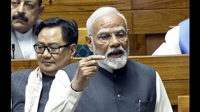 Prime Minister Narendra Modi replies to Motion of Thanks on President's Address, in Lok Sabha during the Budget Session of Parliament, in New Delhi on Tuesday. (Sansad TV) Prime Minister Narendra Modi replies to Motion of Thanks on President's Address, in Lok Sabha during the Budget Session of Parliament, in New Delhi on Tuesday. (Sansad TV)