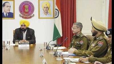 Punjab chief minister Bhagwant Mann during a meeting with the top police officers in Chandigarh on Tuesday. (PTI)