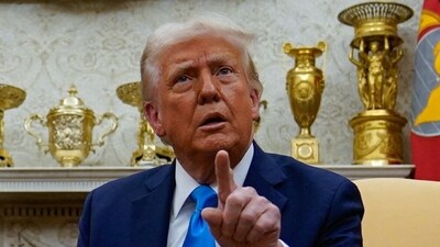 U.S. President Donald Trump gestures as he speaks during a meeting at the White House in Washington, US. (REUTERS)