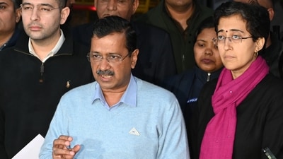 AAP national convenor Arvind Kejriwal spoke to reporters after the EC meeting along with Delhi CM Atishi and Raghav Chadha. (Vipin Kumar/Hindustan Times) AAP national convenor Arvind Kejriwal spoke to reporters after the EC meeting along with Delhi CM Atishi and Raghav Chadha. (Vipin Kumar/Hindustan Times)