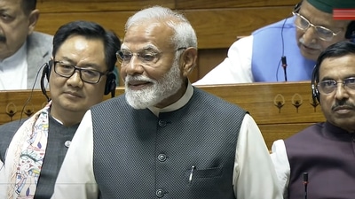 Speaking at the Lok Sabha, PM Modi took several jibes at the Opposition, including at the speech of Rahul Gandhi. (Sansad TV) Speaking at the Lok Sabha, PM Modi took several jibes at the Opposition, including at the speech of Rahul Gandhi. (Sansad TV)