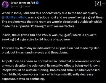 Bryan Johnson's post on Nikhil Kamath's podcast. (X/@bryan_johnson) Bryan Johnson's post on Nikhil Kamath's podcast. (X/@bryan_johnson)