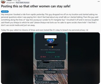 A Delhi woman's post alleging misbehaviour from a Rapido rider. (Screenshot (Reddit)) A Delhi woman's post alleging misbehaviour from a Rapido rider. (Screenshot (Reddit))