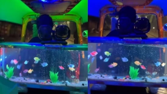 A Pune auto driver amazed the internet with his aquarium-equipped auto, complete with disco lights and speakers. (Instagram/thatssosakshi)