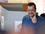 Former Delhi CM and AAP national convener Arvind Kejriwal casts his vote at a polling booth during the Delhi assembly elections. (Photo by Sanjeev Verma/ Hindustan Times) Former Delhi CM and AAP national convener Arvind Kejriwal casts his vote at a polling booth during the Delhi assembly elections. (Photo by Sanjeev Verma/ Hindustan Times)