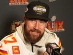 Feb 5, 2025; New Orleans, LA, USA;  Kansas City Chiefs tight end Travis Kelce (87) in a press conference ahead of Super Bowl LIX at New Orleans Marriott. Mandatory Credit: Kirby Lee-Imagn Images