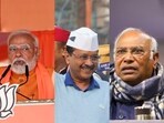 Prime Minister Narendra Modi (Left), AAP national convenor Arvind Kejriwal (Centre), and Congress chief Mallikarjun Kharge (Right).