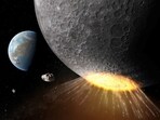 An undated artistic rendering shows an asteroid or comet striking near the Moon's south pole about 3.8 billion years ago, an impact that carved out two large craters.