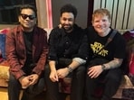 AR Rahman and son AR Ameen with Ed Sheeran in Chennai. AR Rahman and son AR Ameen with Ed Sheeran in Chennai.