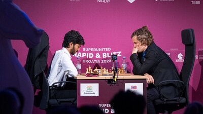 D Gukesh and Magnus Carlsen during a match. D Gukesh and Magnus Carlsen during a match.