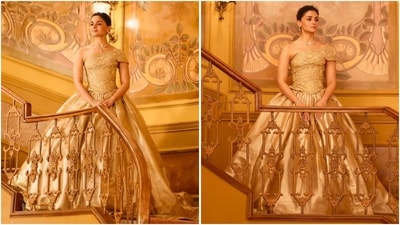Alia Bhatt rocks a stunning golden gown by Abu Jani and Sandeep Khosla. (Instagram) Alia Bhatt rocks a stunning golden gown by Abu Jani and Sandeep Khosla. (Instagram)