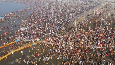 An aerial view of Triveni Sangam during the Mahakumbh (Deepak Gupta/HT) An aerial view of Triveni Sangam during the Mahakumbh (Deepak Gupta/HT)