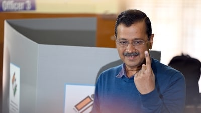 Former Delhi CM and AAP national convener Arvind Kejriwal casts his vote at a polling booth during the Delhi assembly elections. (Photo by Sanjeev Verma/ Hindustan Times) Former Delhi CM and AAP national convener Arvind Kejriwal casts his vote at a polling booth during the Delhi assembly elections. (Photo by Sanjeev Verma/ Hindustan Times)