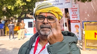 AAP candidate Avadh Ojha displays his inked finger after voting at a polling booth during the Delhi Assembly elections in New Delhi. The prominent UPSC tutor is contesting for the Patparganj assembly seat. (@AAPKAAVADHOJHA) AAP candidate Avadh Ojha displays his inked finger after voting at a polling booth during the Delhi Assembly elections in New Delhi. The prominent UPSC tutor is contesting for the Patparganj assembly seat. (@AAPKAAVADHOJHA)