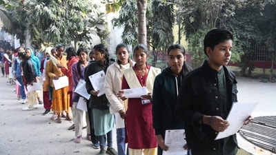 Students wait to appear for the Day 3 of BSEB Class 12 exams in Patna (Santosh Kumar) Students wait to appear for the Day 3 of BSEB Class 12 exams in Patna (Santosh Kumar)