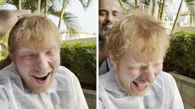 Ed Sheeran gets a head massage in Chennai.