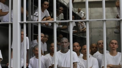 Inmates attend a class on social behavior from inside their shared cell during a press tour of the Terrorism Confinement Center, or CECOT, in Tecololuca, El Salvador, Oct. 12, 2023. (AP Photo/Salvador Melendez, File) (AP)