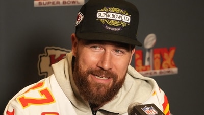 Feb 5, 2025; New Orleans, LA, USA;  Kansas City Chiefs tight end Travis Kelce (87) in a press conference ahead of Super Bowl LIX at New Orleans Marriott. Mandatory Credit: Kirby Lee-Imagn Images (USA TODAY Sports via Reuters Con)