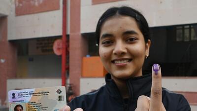 First-time voter Srishti Singh in Dwarka on Wednesday. (Vipin Kumar/HT Photo) First-time voter Srishti Singh in Dwarka on Wednesday. (Vipin Kumar/HT Photo)