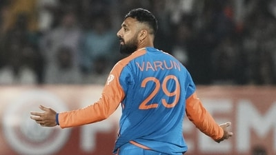 Indian spinner Varun Chakravarthy celebrates a wicket during the recently concluded T20I series against England. (HT_PRINT) Indian spinner Varun Chakravarthy celebrates a wicket during the recently concluded T20I series against England. (HT_PRINT)