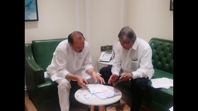 Kothrud MLA Chandrakant Patil met deputy chief Minister and finance minister Ajit Pawar at Mantralaya on Wednesday. (HT PHOTO)