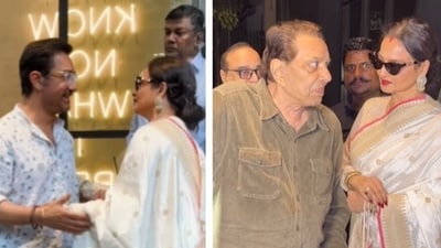 Rekha greets Aamir Khan and Dharmendra at Loveyapa screening. Rekha greets Aamir Khan and Dharmendra at Loveyapa screening.