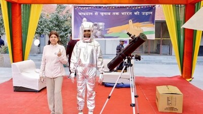 A glimpse of a space-themed polling station set up for the Delhi Assembly election in the capital. (@ECISVEEP) A glimpse of a space-themed polling station set up for the Delhi Assembly election in the capital. (@ECISVEEP)