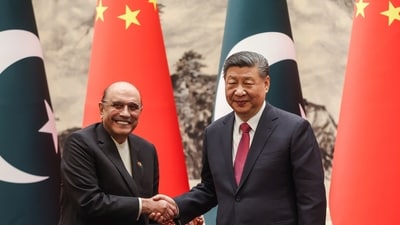 Chinese President Xi Jinping, right, shakes hands with Pakistani President Asif Ali Zardari at the Great Hall of the People in Beijing, China, AP/PTI(AP02_05_2025_000482B) (AP) Chinese President Xi Jinping, right, shakes hands with Pakistani President Asif Ali Zardari at the Great Hall of the People in Beijing, China, AP/PTI(AP02_05_2025_000482B) (AP)