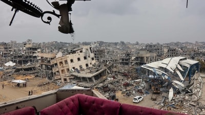 A couch sits at a heavily damaged building along Saftawi street in Jabalia in the northern Gaza Strip on February 5, 2025 during a ceasefire deal in the war between Israel and Hamas went into effect. (AFP) A couch sits at a heavily damaged building along Saftawi street in Jabalia in the northern Gaza Strip on February 5, 2025 during a ceasefire deal in the war between Israel and Hamas went into effect. (AFP)