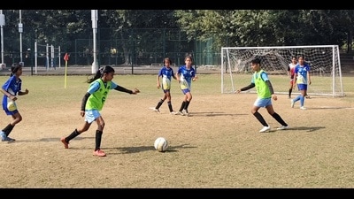 Players in action during the Chandigarh junior girls state football championship being held in football ground of Sports Complex, Sector 46, Chandigarh. (HT Photo) Players in action during the Chandigarh junior girls state football championship being held in football ground of Sports Complex, Sector 46, Chandigarh. (HT Photo)