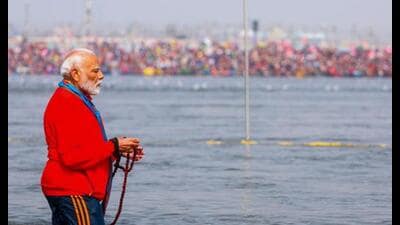 Prime Minister Narendra Modi takes a holy dip at Sangam during the ongoing Mahakumbh in Prayagraj. (PMO via PTI Photo)