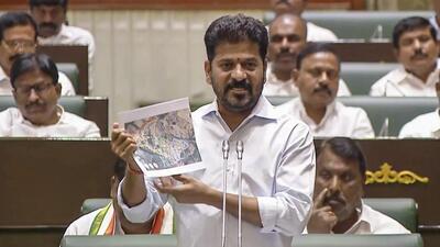Telangana CM Revanth Reddy speaks during a special session of the state assembly in Hyderabad on Tuesday. (PTI Photo) Telangana CM Revanth Reddy speaks during a special session of the state assembly in Hyderabad on Tuesday. (PTI Photo)