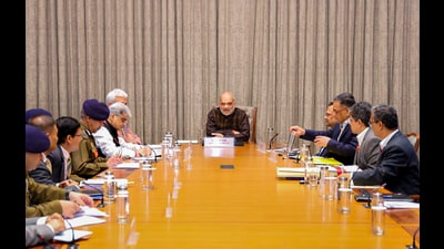 Union Home Minister Amit Shah chairs a high-level review meeting on the security situation in Jammu and Kashmir, in New Delhi. (PTI) Union Home Minister Amit Shah chairs a high-level review meeting on the security situation in Jammu and Kashmir, in New Delhi. (PTI)