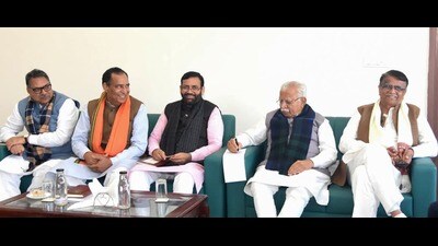 Union Minister Manohar Lal Khattar, Haryana chief minister Nayab Saini and other senior BJP leaders from Haryana at a core committee meeting in Panchkula on Wednesday. (HT PHOTO) Union Minister Manohar Lal Khattar, Haryana chief minister Nayab Saini and other senior BJP leaders from Haryana at a core committee meeting in Panchkula on Wednesday. (HT PHOTO)