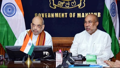 Union home minister Amit Shah (left) chairs a meeting with Manipur CM N Biren Singh in Imphal. (ANI File Photo) Union home minister Amit Shah (left) chairs a meeting with Manipur CM N Biren Singh in Imphal. (ANI File Photo)