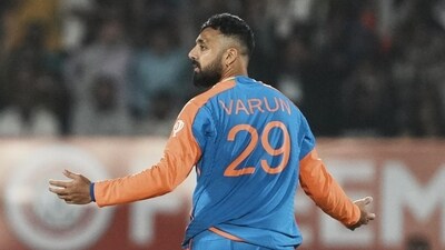 Indian spinner Varun Chakravarthy celebrates a wicket during the recently concluded T20I series against England. ( (PTI Photo)) Indian spinner Varun Chakravarthy celebrates a wicket during the recently concluded T20I series against England. ( (PTI Photo))