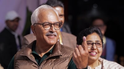Manipur Governor Ajay Kumar Bhalla, after exercising his voting rights in New Delhi on Wednesday, shows his inked finger. (PTI) Manipur Governor Ajay Kumar Bhalla, after exercising his voting rights in New Delhi on Wednesday, shows his inked finger. (PTI)