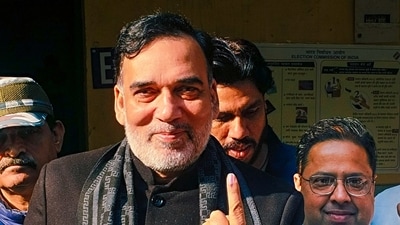 AAP leader Gopal Rai shows his inked finger after voting in the Delhi Assembly elections in New Delhi. (@AapKaGopalRai) AAP leader Gopal Rai shows his inked finger after voting in the Delhi Assembly elections in New Delhi. (@AapKaGopalRai)