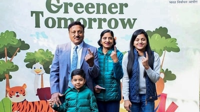 Chief Election Commissioner Rajiv Kumar exercised his voting rights at a polling booth in New Delhi with his family on Wednesday. (Source: @ECISVEEP) Chief Election Commissioner Rajiv Kumar exercised his voting rights at a polling booth in New Delhi with his family on Wednesday. (Source: @ECISVEEP)