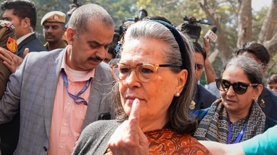 Congress Parliamentary Party chairperson Sonia Gandhi shows her finger marked with indelible ink after casting her vote at a polling booth during the Delhi Assembly elections. (PTI) Congress Parliamentary Party chairperson Sonia Gandhi shows her finger marked with indelible ink after casting her vote at a polling booth during the Delhi Assembly elections. (PTI)