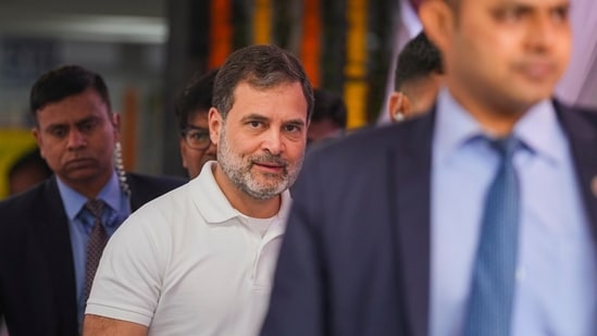 Congress leader and LoP in Lok Sabha Rahul Gandhi leaves after casting his vote at a polling booth during the Delhi Assembly elections, in New Delhi, on Wednesday. (PTI)