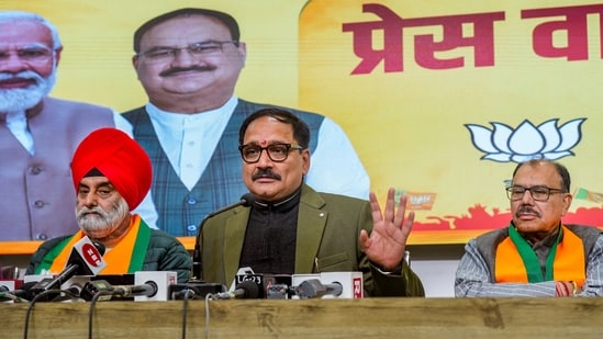 Delhi BJP chief Virendraa Sachdeva with other BJP leaders. (PTI file photo)
