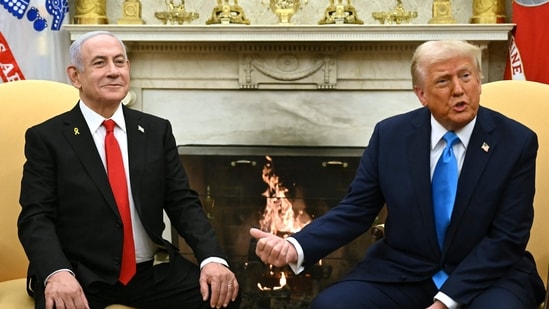 US President Donald Trump (R) meets with Israel's Prime Minister Benjamin Netanyahu in the Oval Office of the White House in Washington, DC, on February 4, 2025. (AFP)