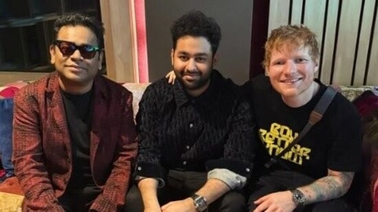 AR Rahman and son AR Ameen with Ed Sheeran in Chennai.